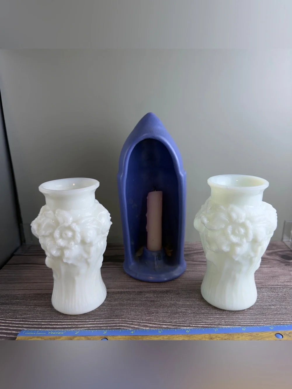 Vintage Milk Glass Vase Pair + Blue Ceramic Wall Candle Holder Lot of 3